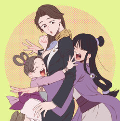  3girls :o ^_^ black_hair bracelet brown_hair closed_eyes coat emergency_exi10 gyakuten_saiban hair_bun hug hug_from_behind jewelry long_hair low-tied_long_hair maya_fey mia_fey mole mole_under_mouth multiple_girls open_mouth pearl_fey scarf siblings single_hair_bun sisters wide_sleeves 