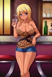  1girls 2015 adult adult_female alcohol bar big_breasts big_cleavage blonde_hair blue_eyes blush breasts caucasian caucasian_female cleavage clothed clothed_female clothing cup drunk female female_only hair holding_object huniepop jean_shorts jessie_maye large_breasts large_cleavage leopard_print looking_at_viewer medium_hair milf purple_eyes realistic_breast_size shorts small_waist solo standing tan-skinned_male tan_skin thighs wine wine_glass 