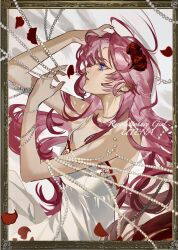  arm_up bare_shoulders beads blue_eyes border chinese_commentary commentary_request copyright_name female fingernails floral_print flower from_side hair_flower hair_ornament hair_spread_out hand_up highres holding inset_border long_hair lying on_bed on_side ornate_border ouge_dz parted_lips petals pink_hair pink_nails profile red_flower red_petals red_rose rose rose_petals rose_print shirt shoujo_kakumei_utena solo tenjou_utena white_background white_shirt 