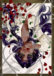  absurdres bead_necklace beads bindi border breasts chinese_commentary cleavage commentary_request copyright_name covering_own_mouth curtained_hair dark-skinned_female dark_skin female frilled_sleeves frills hand_up highres himemiya_anthy inset_border jewelry long_hair long_sleeves looking_at_viewer lying medium_breasts necklace on_back on_bed ornate_border ouge_dz petals plunging_neckline purple_hair red_petals rose_petals shirt shoujo_kakumei_utena solo wavy_hair white_background white_shirt 