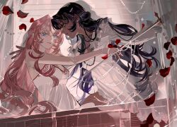  2girls absurdres bare_shoulders bead_bracelet beads blue_eyes bracelet breasts chinese_commentary cleavage commentary_request curtained_hair curtains dark-skinned_female dark_skin dress floral_print floral_print_dress frilled_dress frills hair_over_shoulder highres himemiya_anthy holding holding_sword holding_weapon interracial jewelry long_hair long_sleeves looking_at_another medium_breasts multiple_girls ouge_dz parted_lips petals pink_hair print_dress purple_hair rose_petals shoujo_kakumei_utena sidelocks sleeveless sleeveless_dress small_breasts sword tenjou_utena wavy_hair weapon white_dress window yuri 