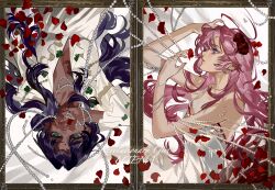  2girls absurdres arm_up bare_shoulders bead_necklace beads bindi blue_eyes border breasts chinese_commentary cleavage commentary_request copyright_name covering_own_mouth curtained_hair dark-skinned_female dark_skin fingernails floral_print flower frilled_sleeves frills from_side hair_flower hair_ornament hair_spread_out hand_up highres himemiya_anthy holding inset_border jewelry long_hair long_sleeves looking_at_viewer lying medium_breasts multiple_girls necklace on_back on_bed on_side ornate_border ouge_dz parted_lips petals pink_hair pink_nails plunging_neckline profile purple_hair red_flower red_petals red_rose rose rose_petals rose_print shirt shoujo_kakumei_utena tenjou_utena wavy_hair white_background white_shirt 