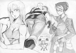  2girls ass bikini binoculars book do-poi eleanor_varrot female glasses gloves hair_bun largo_potter long_hair male military military_uniform monochrome multiple_girls open_mouth pantyhose paper selvaria_bles senjou_no_valkyria senjou_no_valkyria_1 short_hair swimsuit uniform 