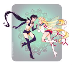  2girls artist_name bikini bikini_top_only bishoujo_senshi_sailor_moon bishoujo_senshi_sailor_moon_stars black_footwear black_gloves black_hair black_legwear blonde_hair blue_sailor_collar boots brooch butterfly_wings choker circlet closed_eyes commentary_request crescent crescent_earrings crescent_facial_mark crestomancer double_bun earrings elbow_gloves eternal_sailor_moon facial_mark forehead_mark frilled_skirt frills gloves groin hair_bun hair_ornament heart heart_brooch high_heel_boots high_heels highres insect_wings interlocked_fingers jewelry knee_boots layered_skirt long_hair magical_girl microskirt midriff multiple_girls navel ponytail purple_eyes red_choker ribbon sailor_collar sailor_moon sailor_senshi_uniform sailor_star_fighter seiya_kou shorts skirt star_(symbol) star_earrings stiletto_heels swimsuit thigh_boots thighhighs tsukino_usagi twintails very_long_hair white_footwear white_gloves wing_brooch wings yuri 