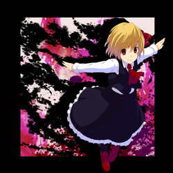  bad_id bad_pixiv_id blonde_hair blue_dress dress female hair_ribbon highres outstretched_arms red_eyes ribbon rumia short_hair smile solo touhou tsuttsu 