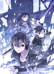  3boys absurdres armor beam_saber black_eyes black_hair black_iron_great_sword breastplate commentary_request dual_wielding energy energy_beam energy_sword fingerless_gloves fn_five-seven gloves glowing glowing_sword glowing_weapon gun handgun highres holding holding_gun holding_sword holding_weapon kagemitsu_g4 kirito kirito_(sao-alo) kirito_(sao-ggo) long_hair male_focus multiple_boys multiple_persona otoko_no_ko pointy_ears science_fiction short_hair spiked_hair sword sword_art_online very_long_hair weapon ye_(heroyexin) 