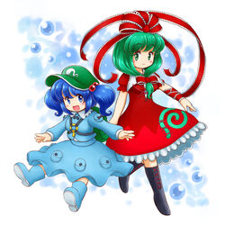  2girls arm_ribbon backpack bag blue_eyes blue_hair blue_shirt blue_skirt blush boots bow commentary_request dress front_ponytail green_eyes green_hair hair_bobbles hair_ornament hair_ribbon hairbow hat kagiyama_hina kawashiro_nitori key long_sleeves multiple_girls nitamago open_mouth red_dress ribbon rubber_boots shirt skirt skirt_set smile touhou two_side_up 