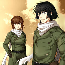  1boy aged_down aika_(nikukyuu29) belt black_eyes black_hair brown_eyes brown_hair buckle cloud commentary_request female gloves hyoubu_kyousuke military military_uniform scarf short_hair sky smile the_unlimited:_hyoubu_kyousuke tsubomi_fujiko uniform zettai_karen_children 