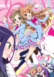  3boys 3girls :o :p angry aria_gakuen_school_uniform baritone_(suite_precure) bassdrum black_socks blue_eyes blue_hair blue_shirt bow brown_hair closed_eyes commentary_request falsetto_(suite_precure) feline g-clef_(suite_precure) green_eyes green_facial_hair grey_hair hair_bobbles hair_ornament half_updo houjou_hibiki hummy_(suite_precure) kneehighs kurokawa_eren light_blue_hair loafers long_hair minamino_kanade multiple_boys multiple_girls music pink_bow pink_hair precure purple_hair school_uniform seiren_(suite_precure) shirt shoes singing socks suite_precure tongue tongue_out two_side_up yellow_eyes zooya 