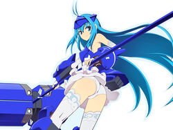  antenna_hair armor ass bare_shoulders blue_hair breastplate caryo elbow_gloves female fingerless_gloves forehead_protector gloves hammer long_hair long_legs looking_back nanashino photoshop_(medium) short_shorts shorts simple_background skirt solo thighhighs very_long_hair vividblue vividred_operation white_background white_gloves white_thighhighs 