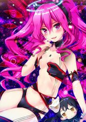  1boy akine_(kuroyuri) animal_ear_headphones animal_ears bikini birthday black_bikini blush breasts cat_ear_headphones character_doll commentary_request evil_eye_(sound_voltex) fake_animal_ears female fox_mask grace_(sound_voltex) hair_between_eyes hand_up headphones highres kyoubate_haruka long_hair looking_at_viewer mask midriff nail_polish navel pink_hair purple_eyes purple_nails revealing_clothes small_breasts smile solo_focus sound_voltex strapless strapless_bikini swimsuit thighs twintails 