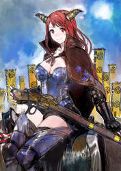  antique_firearm armor army arquebus banner breasts cape cleavage day fake_horns female firelock flag gauntlets gun horns horse large_breasts legs_together maou_(maoyuu) maoyuu_maou_yuusha matchlock name_connection nobori oda_nobunaga official_art photoshop_(medium) red_eyes red_hair saddle sengoku_taisen sitting sky smile sweatdrop tanegashima_(gun) thighhighs toi8 weapon zettai_ryouiki 