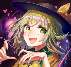  blush commentary_request eyeball female green_eyes green_hair hat hat_ribbon heart heart-shaped_pupils highres komeiji_koishi looking_at_viewer nail_polish open_mouth photoshop_(medium) portrait ribbon short_hair smile solo string symbol-shaped_pupils third_eye touhou wei_li 