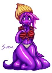  2014 absurd_res anthro big_breasts breasts cephalopod cleavage clothed clothing coleoid eyebrows female front-tie_top hair hi_res looking_at_viewer mantle_(mollusk) marine mollusk monster_girl_(genre) multi_limb non-mammal_breasts octopodiform panties pink_hair purple_body purple_eyes purple_skin short_hair siphon_(anatomy) solo svenners tentacle thick_eyebrows underwear 