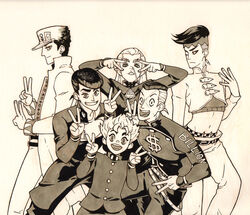  6+boys coat commentary_request crestomancer crop_top diamond_wa_kudakenai double_v earrings facial_mark gakuran grin hat hazekura_mikitaka headband higashikata_josuke hirose_koichi ink_(medium) jewelry jojo_no_kimyou_na_bouken kishibe_rohan kujo_jotaro long_hair male_focus midriff monochrome multicolored_hair multiple_boys navel nijimura_okuyasu nose_piercing open_mouth photoshop_(medium) piercing pointy_ears pompadour round_teeth scan scan_artifacts school_uniform smile teeth traditional_media two-tone_hair v 