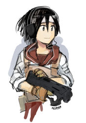  artist_name black_hair brown_gloves bullpup commentary_request ergot female gloves gun hair_between_eyes headband headphones headset holding holding_gun holding_weapon kantai_collection magpul_pdr nagara_(kancolle) short_hair simple_background smile solo submachine_gun upper_body weapon white_background 