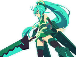  antenna_hair aqua_eyes aqua_hair armor bare_shoulders caryo female gauntlets green_panties huge_weapon japanese_clothes long_hair nanashino panties pantyshot photoshop_(medium) ponytail rope solo sweatdrop thighhighs underwear very_long_hair vividgreen vividred_operation weapon 