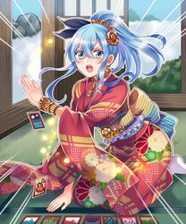  blue_eyes blue_hair commentary_request female iroha_karuta japanese_clothes karuta_(card_game) kimono kneeling long_hair official_art senjou_no_electro_girl shina_shina solo 