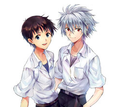  2boys bad_id bad_pixiv_id belt blue_eyes brown_hair grey_hair ikari_shinji karimero_(calimer0) male_focus multiple_boys nagisa_kaworu neon_genesis_evangelion open_mouth red_eyes simple_background smile white_background 