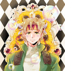  1boy argyle_background bad_id bad_pixiv_id blonde_hair bubble caesar_anthonio_zeppeli facial_mark flower green_eyes green_jacket headband highres jacket jojo_no_kimyou_na_bouken kinoshita_kirin male_focus solo sunflower 