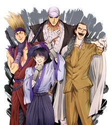  4boys bandages bandana blush cape closed_eyes coat commentary_request embarrassed eyeshadow formal gloves grin head_rest highres japanese_clothes juppongatana katana kimono makeup manly multiple_boys one_eye_closed open_mouth rurouni_kenshin sadojima_houji sawagejou_chou seta_soujirou shosei shun_yazz smile suit sweat sword weapon wrist_guards yuukyuuzan_anji 