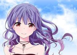  bare_shoulders black_dress blue_hair blue_sky cloud collarbone commentary day dress eyelashes female haruhana lips long_hair looking_at_viewer neck_ribbon original outdoors photoshop_(medium) red_eyes ribbon sky smile solo strapless strapless_dress symbol-only_commentary upper_body wind 