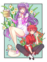  2girls ;d apron bamboo_steamer baozi bell bird braid chinese_clothes commentary_request daffodil double_bun duck flats floral_background flower food freesia_(flower) genderswap_(mtf) hair_bell hair_bun hair_ornament index_finger_raised indian_style long_hair mousse_(duck)_(ranma_1/2) multiple_girls one_eye_closed open_mouth outside_border photoshop_(medium) purple_eyes purple_hair ranma-chan ranma_1/2 red_eyes red_hair rule_63 shampoo_(ranma_1/2) shirt shoes single_braid sitting smile tangzhuang very_long_hair zonana 