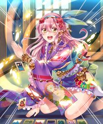  commentary_request female iroha_karuta japanese_clothes karuta_(card_game) kimono kneeling long_hair official_art pink_hair senjou_no_electro_girl shina_shina short_kimono solo yellow_eyes 