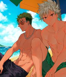  2boys bad_id bad_twitter_id beach beach_umbrella blue_sky brown_eyes cloud dark-skinned_male dark_skin day earrings green_hair groin jewelry king_of_prism king_of_prism_by_prettyrhythm looking_to_the_side male_focus male_swimwear multiple_boys muscular nipples nishina_kazuki outdoors parted_lips pretty_rhythm pretty_series sand shade sky spiked_hair swim_trunks swimsuit toned toned_male topless_male umbrella undercut white_hair yamato_alexander 