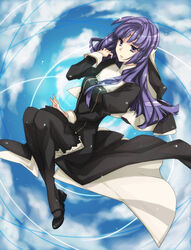  commentary_request female fractale kmikan long_hair pantyhose phryne_(fractale) priest purple_eyes purple_hair solo 