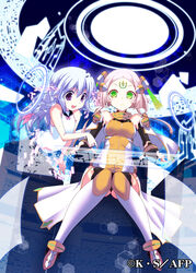  2girls ange_vierge arched_back bare_shoulders black_gloves blue_hair bodysuit braid cockpit code_omega_46_xenia commentary_request dissolving elbow_gloves expressionless facial_mark fingerless_gloves forehead_mark full_body gloves green_eyes headgear highres holographic_interface index_finger_raised invisible_chair light_blue_hair long_hair multiple_girls open_mouth pink_hair pointing purple_eyes sawano_akira science_fiction short_hair short_hair_with_long_locks showgirl_skirt sitting smile thighhighs 