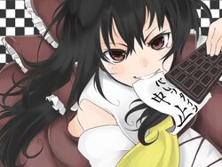  black_hair blush bow candy checkered_background chocolate chocolate_bar commentary_request detached_sleeves female food hairbow hakurei_reimu morodashi mouth_hold red_eyes solo touhou translated 