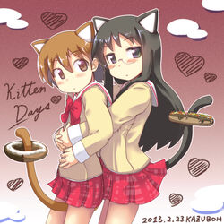  2girls :o aioi_yuuko animal_ears between_legs black_eyes black_hair blush bow brown_eyes brown_hair cat_ears cat_tail cloud commentary_request dated doughnut food food_on_tail heart highres hug hug_from_behind hyadain_no_joujou_yuujou kazuboh long_hair minakami_mai multiple_girls nichijou photoshop_(medium) school_uniform short_hair skirt tail tail_between_legs tokisadame_school_uniform yuri 