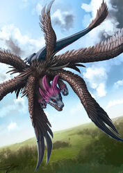  cloud dragon feather_hair feathered_wings feathers flying fur highres hydreigon multiple_heads multiple_wings nature no_humans outdoors pokemon pokemon_(creature) pokemon_(game) pokemon_bw realistic red_eyes ruth-tay scales sharp_teeth sky solo tail teeth wings 