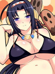  bikini black_bikini blush breasts cleavage commentary_request female hairband karama korama kurano_kiriha large_breasts long_hair looking_at_viewer navel necktie nishida_megane purple_eyes rokujouma_no_shinryakusha!? smile swimsuit underboob 