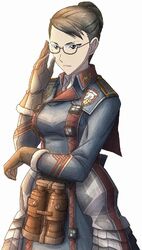  binoculars black_eyes black_hair eleanor_varrot female glasses gloves hair_bun lowres military military_uniform official_art senjou_no_valkyria senjou_no_valkyria_1 senjou_no_valkyria_3 short_hair simple_background solo uniform white_background 