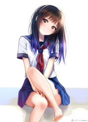  artist_logo barefoot black_hair blue_sailor_collar blue_skirt blush brown_eyes commentary_request dated female gradient_hair hairband head_tilt interlocked_fingers kentaurosu leg_lift long_hair looking_at_viewer matsuno_chiya multicolored_hair neckerchief original pleated_skirt red_neckerchief sailor_collar school_uniform serafuku short_sleeves simple_background sitting skirt solo toes twitter_username v_arms white_background white_hairband 