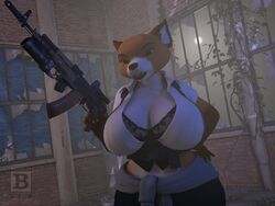  2016 3d_(artwork) 4:3 anthro big_breasts biped blx24 bra breasts brown_body brown_fur brown_nose canid canine cleavage clothed clothing digital_media_(artwork) english_text female fox fur gun hi_res lips mammal moon nails night open_mouth orange_body orange_fur outside ranged_weapon rifle shirt solo standing teeth text topwear underwear weapon wide_hips 