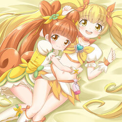  2girls blonde_hair boots bow brooch brown_eyes brown_hair choker color_connection commentary_request cure_rosetta cure_sunshine dokidoki!_precure double_bun hair_bun heart heart_brooch heartcatch_precure! hug in-franchise_crossover jewelry knee_boots long_hair lying magical_girl midriff multiple_girls myoudouin_itsuki navel orange_bow orange_choker precure puffy_sleeves smile tamago_kago twintails waist_bow wrist_cuffs yellow_bow yellow_eyes yellow_theme yotsuba_alice 