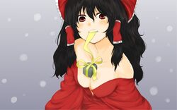  bare_shoulders between_breasts black_hair blush bow breasts cleavage commentary_request female gift gift_between_breasts hair_tubes hairbow hakurei_reimu japanese_clothes kimono medium_breasts morodashi mouth_hold off_shoulder red_bow red_eyes red_kimono ribbon snowing solo touhou 