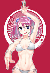  :d arm_up armpits beamed_eighth_notes bikini blue_eyes blue_hair bracelet breasts card commentary_request eighth_note female gradient_hair highres hiiragi_yuzu holding holding_card honest_(yu-gi-oh!) jewelry medium_breasts multicolored_hair musical_note navel open_mouth photoshop_(medium) pink_hair red_background short_twintails side-tie_bikini_bottom simple_background smile solo swimsuit twintails underboob upper_body waste-man white_bikini yu-gi-oh! yu-gi-oh!_arc-v 