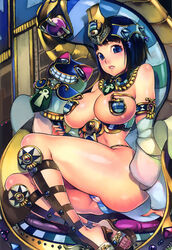  absurdres bare_shoulders black_hair blue_eyes breasts cameltoe cleavage f.s. female highres large_breasts looking_at_viewer menace_(queen&#039;s_blade) official_art parted_lips photoshop_(medium) queen&#039;s_blade queen&#039;s_blade_rebellion queen_of_amara_menace sandals setra short_hair smile solo thighs 