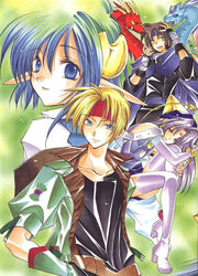  2boys 2girls ashton_anchors azuma_mayumi bare_shoulders black_gloves black_robe black_shirt blonde_hair blue_cape blue_eyes blue_hair boots brown_hair cape celine_jules claude_c._kenny crescent crescent_hair_ornament dragon elbow_gloves facial_mark fingerless_gloves forehead_mark gloves green_background green_eyes green_jacket grey_eyes grey_hair hair_ornament hat headband jacket long_hair miniskirt multiple_boys multiple_girls official_art pointy_ears rena_lanford robe scan shirt short_hair skirt smile star_ocean star_ocean_ex star_ocean_the_second_story thigh_boots thighhighs white_legwear 