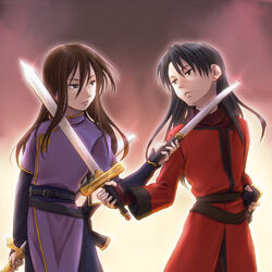  2boys at_knifepoint belt black_hair brown_hair changpao chinese_clothes commentary_request cowboy_shot dual_persona dual_wielding earrings fingerless_gloves fire_emblem fire_emblem:_mystery_of_the_emblem fire_emblem:_new_mystery_of_the_emblem gloves grin head_tilt holding holding_sword holding_weapon jewelry layered_sleeves long_hair long_sleeves male_focus mexican_standoff multiple_boys navarre_(fire_emblem) reverse_grip saiha sash scabbard sheath short_over_long_sleeves short_sleeves short_sword smile straight_hair stud_earrings sword time_paradox unsheathed weapon 