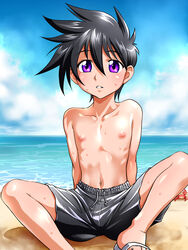  1boy bad_id bad_nijie_id beach black_hair blush canaan_(hawawani) check_source crab day funnyari looking_at_viewer male_focus male_swimwear nipples original outdoors purple_eyes sandals solo source_request sweat swim_trunks topless_male water 