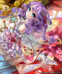  blue_eyes chains commentary_request dress earrings fairy female fortune_fairy hair_ribbon heart high_heels jewelry key long_hair necklace photoshop_(medium) pisuke pointy_ears purple_hair ribbon shingeki_no_bahamut shoes smile solo wings 