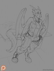  anthro army_uniform clothed clothing dragon female greyscale horn looking_at_viewer monochrome mythological_creature mythological_scalie mythology scalie smile solo spiritraptor tail wings 