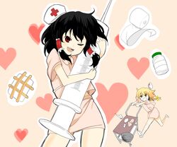  2girls bandages black_hair blonde_hair braid commentary_request hair_tubes hakurei_reimu hat heart kirisame_marisa large_syringe miniskirt morodashi multiple_girls nurse nurse_cap one_eye_closed oversized_object red_eyes running single_braid skirt syringe touhou uniform yellow_eyes 