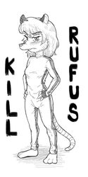  1:2 3_toes 4_fingers american_opossum angry anthro barefoot beatrix_kiddo black_and_white clothing feet female fingerless_gloves fingers gloves handwear jumpsuit kill_bill leszczynek looking_at_viewer mammal marsupial maude_o&#039;dell monochrome parody rufus_&quot;ruffles&quot;_brooks solo the_tale_of_jasper_gold toes virginia_opossum 