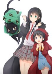  2girls :d animal animal_print black_cat black_eyes black_hair blunt_bangs blush blush_stickers cat_print chito_(flying_witch) clenched_hands clothed_animal collarbone cousins cowboy_shot feline flying_witch glowing green_eyes hands_up highres hood hood_down hood_up komugiko kowata_makoto kuramoto_chinatsu long_hair long_sleeves multiple_girls necktie open_mouth overalls pleated_skirt robe school_uniform short_twintails sidelocks simple_background skirt smile twintails v-shaped_eyebrows 